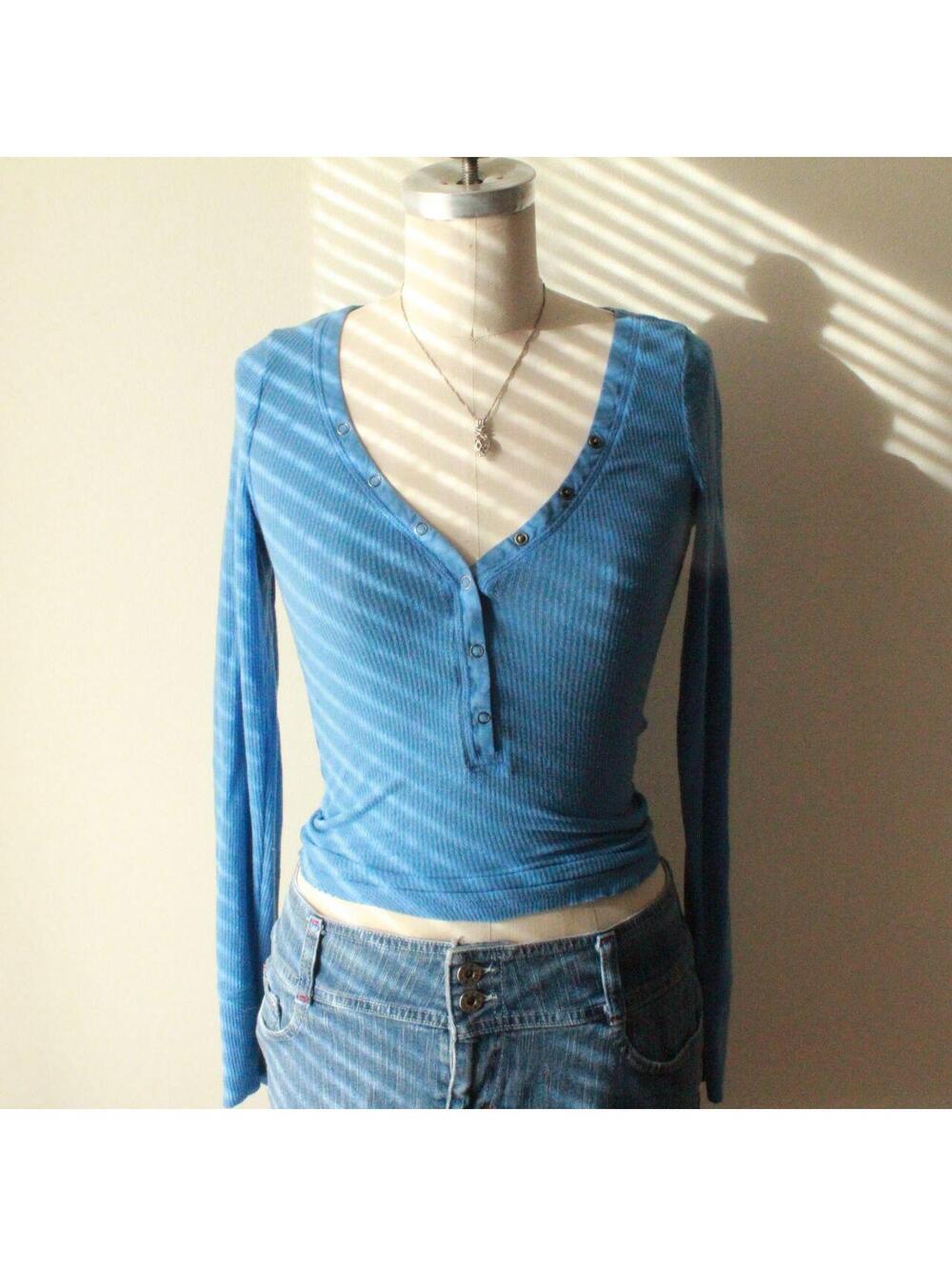 Urban Outfitters Out From Under Blue Ribbed Henley Top, Long Sleeve Y2K Style